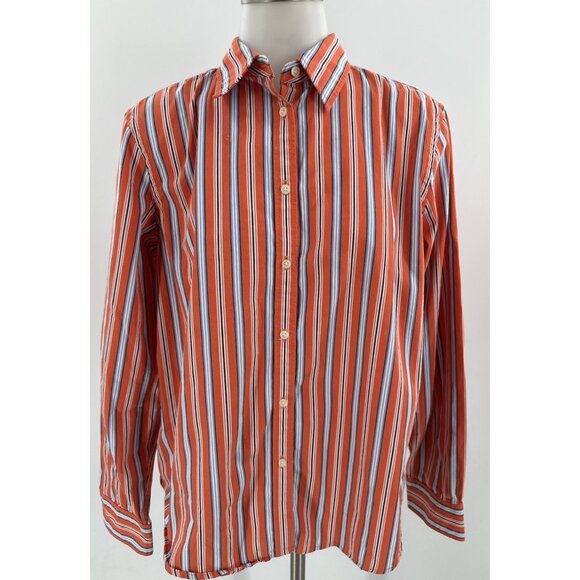 Lauren Ralph Lauren Button Front Women's Blouse Orange Stripe Cotton Long Sleeve - Picture 1 of 7